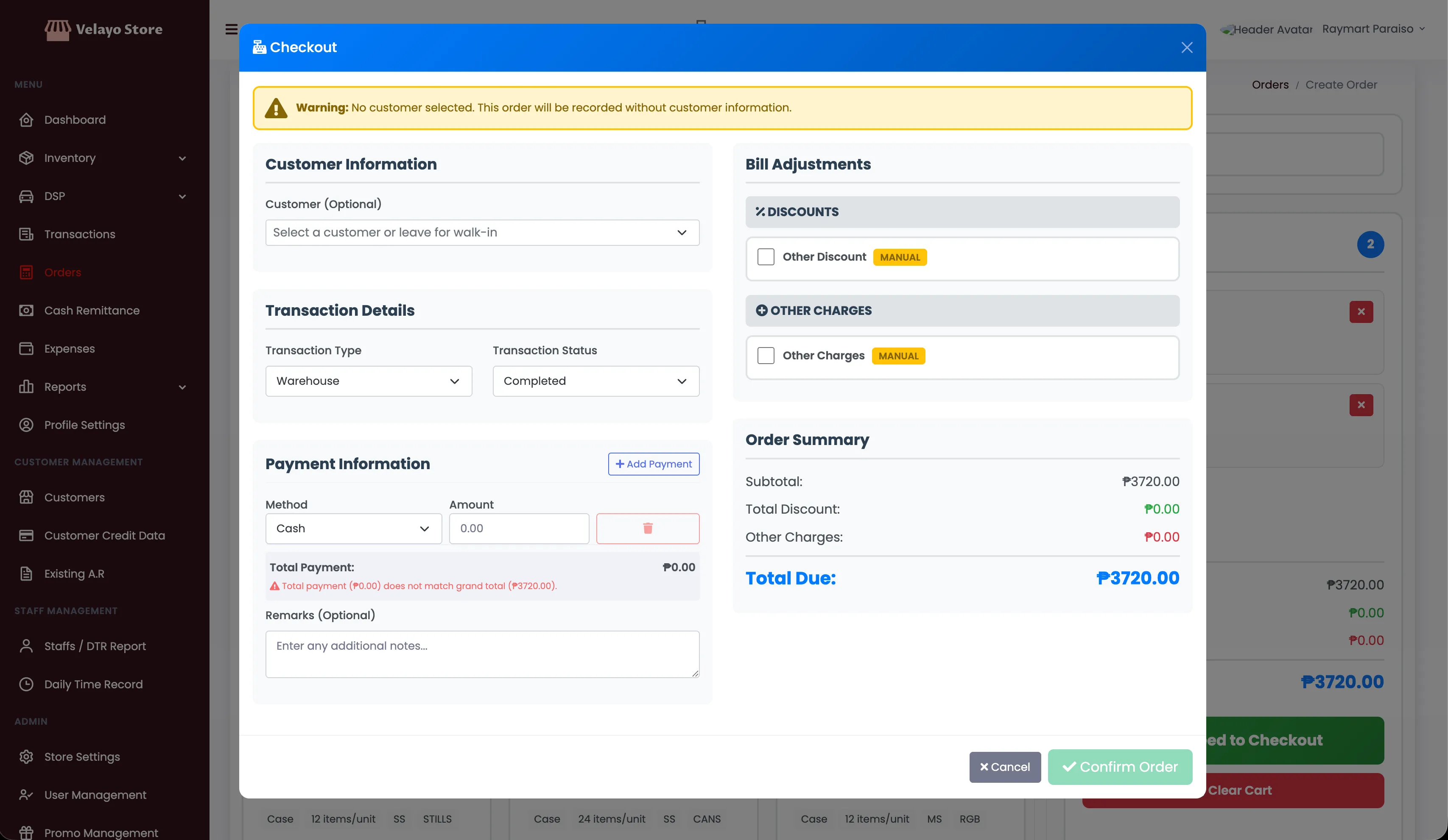 Peddlero order checkout screen