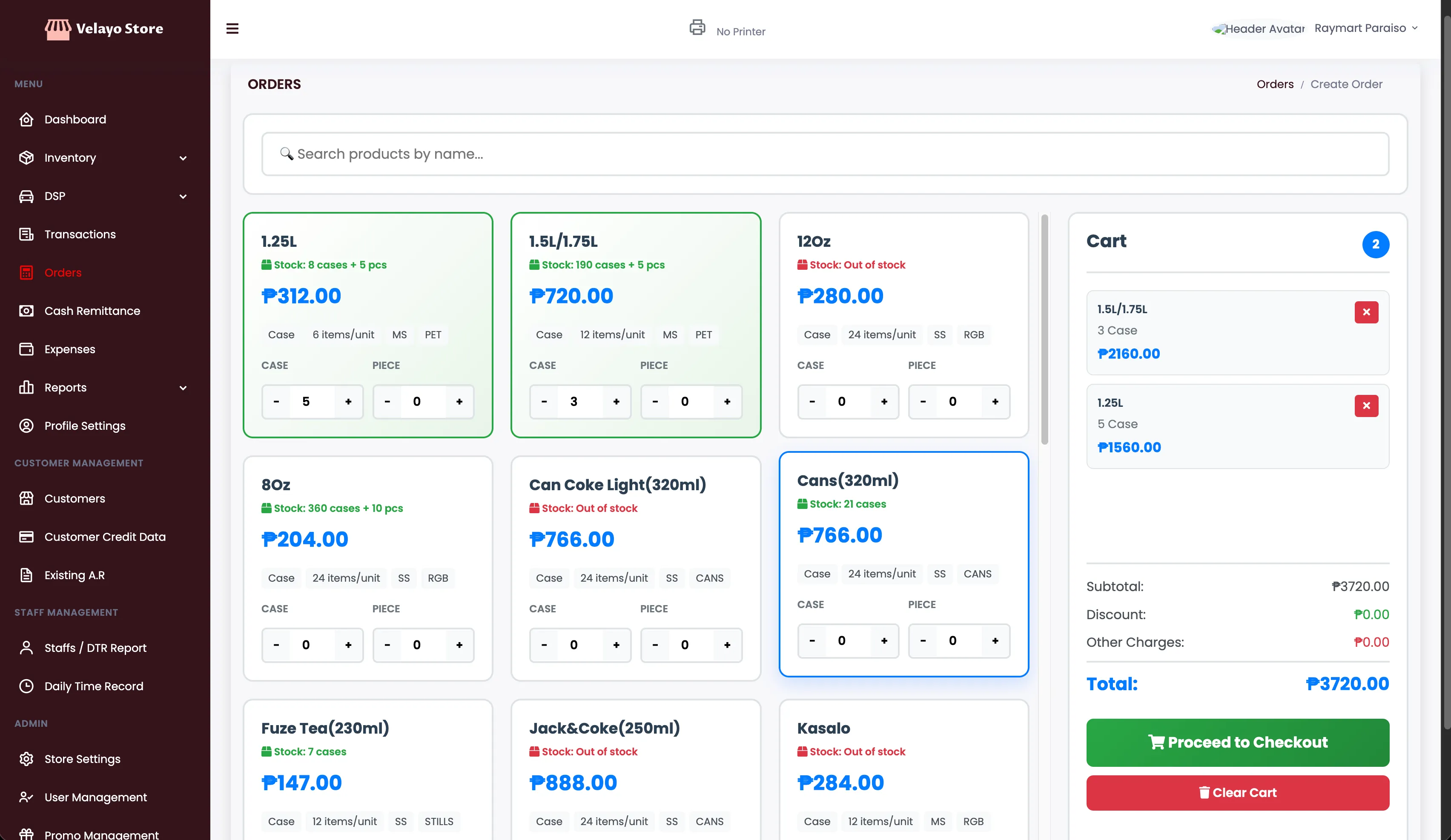 Peddlero ordering screen