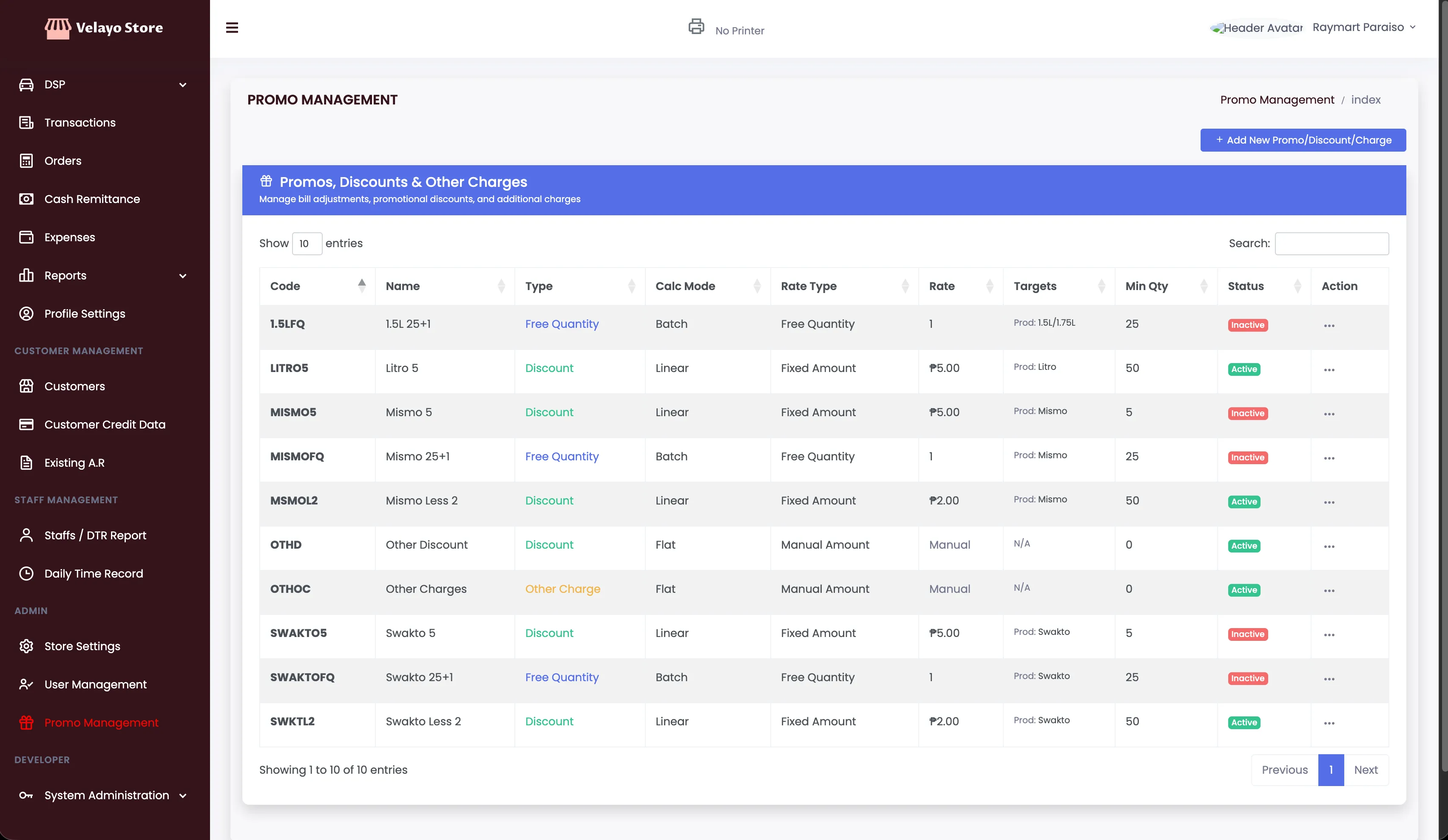 Peddlero promo management screen