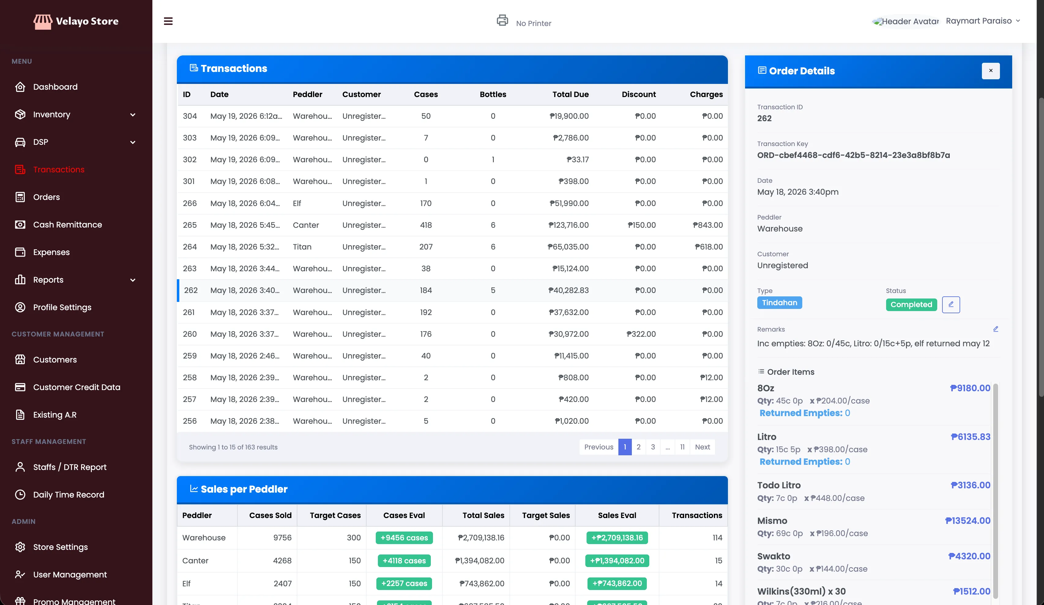 Peddlero transactions list